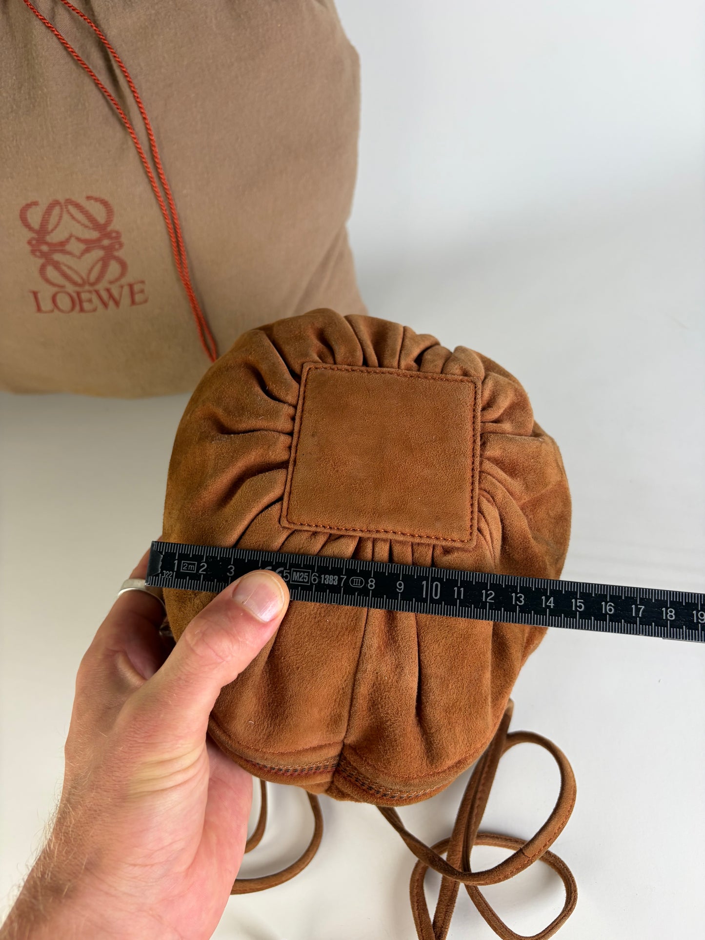 Vintage Loewe Suede Drawstring Bag Rust Gold