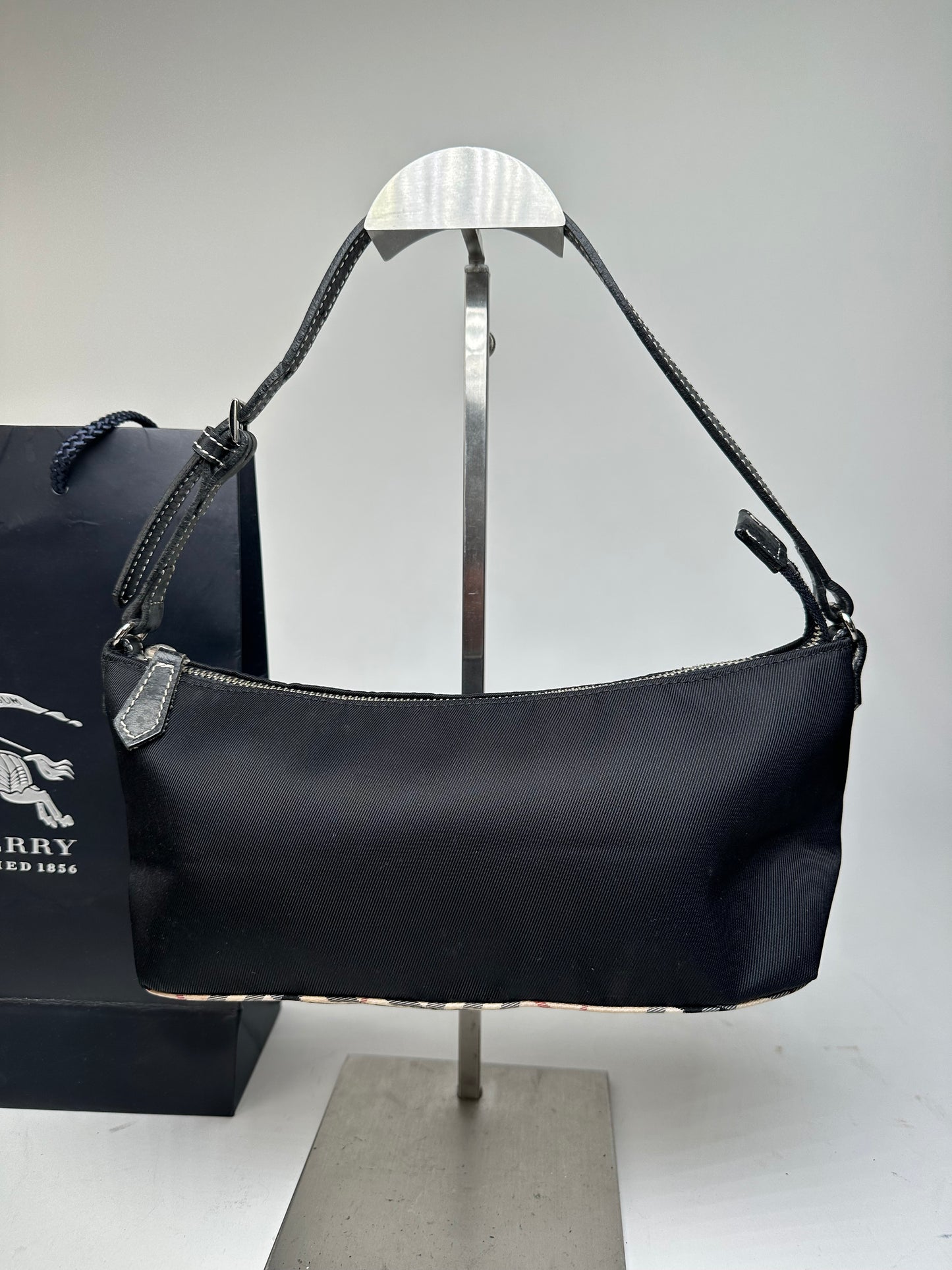 Vintage Burberry Blue Label Mini Shoulder Bag Black Nylon Nova Check