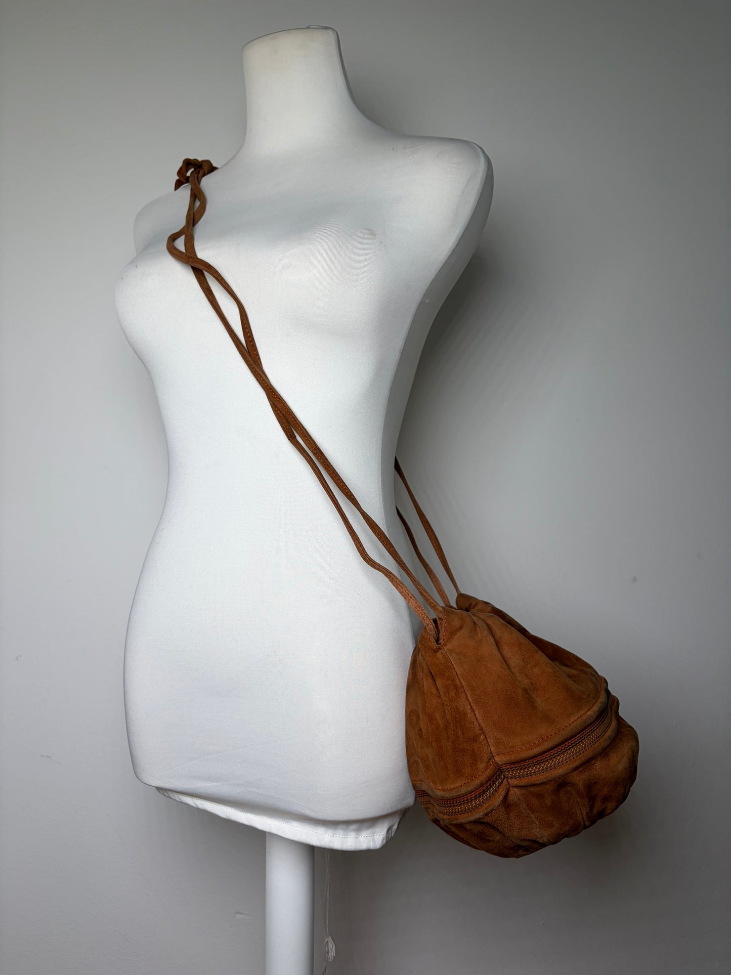 Vintage Loewe Suede Drawstring Bag Rust Gold