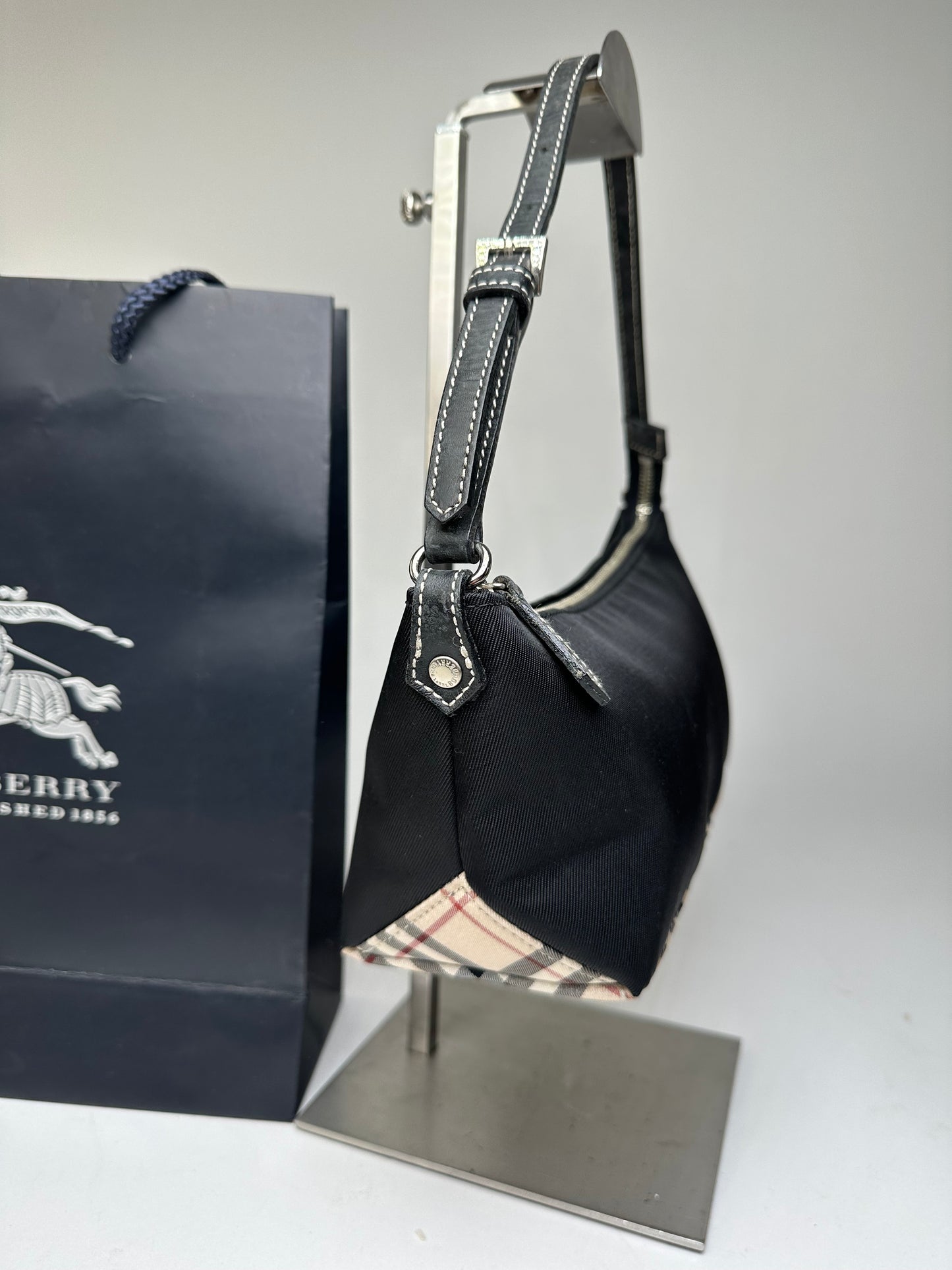 Vintage Burberry Blue Label Mini Shoulder Bag Black Nylon Nova Check