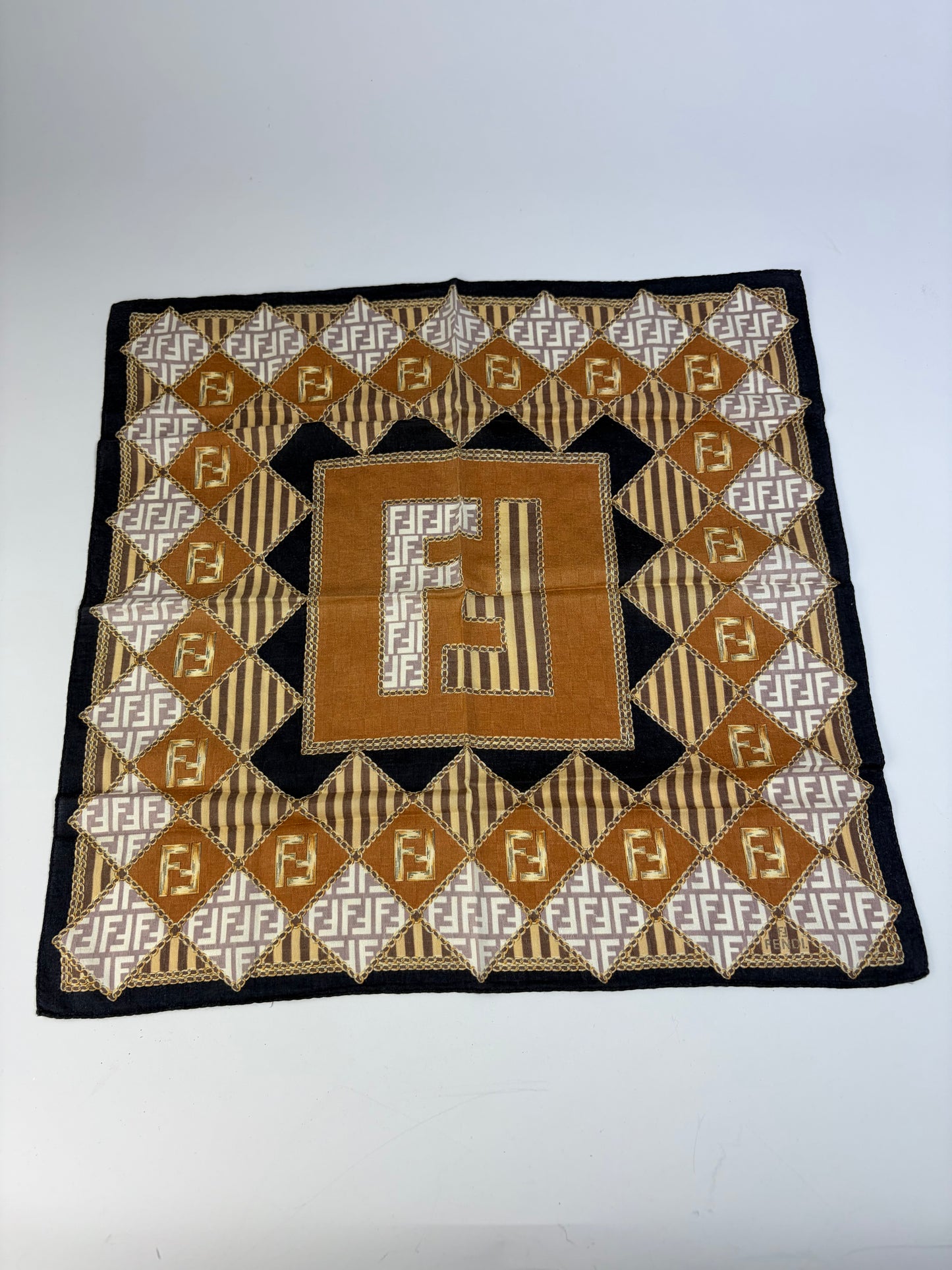Vintage Fendi FF Monogram Silk Scarf Rust Cream Navy