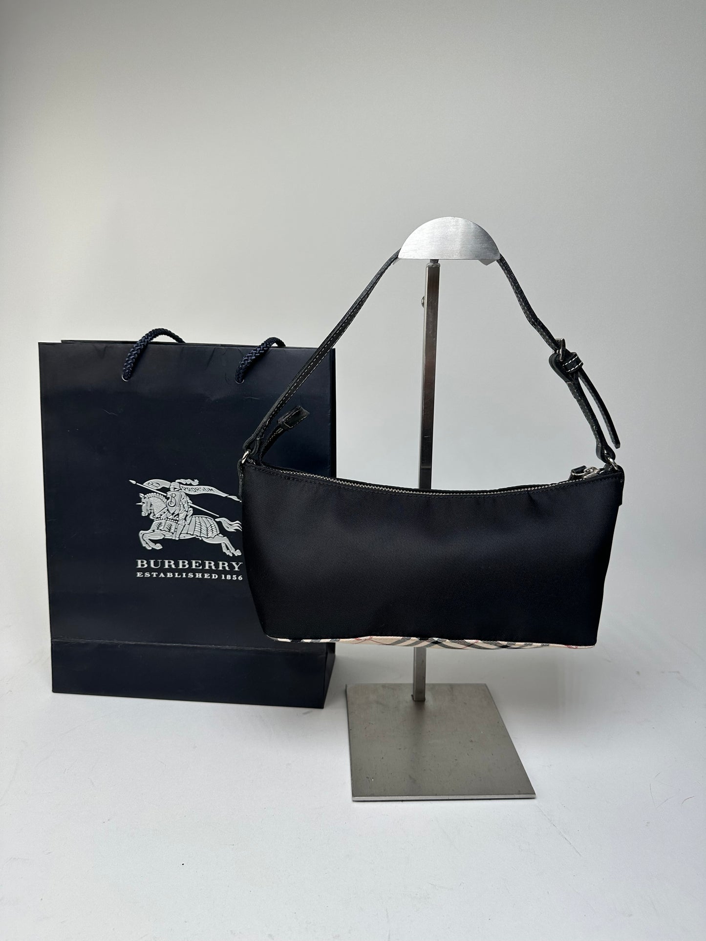 Vintage Burberry Blue Label Mini Shoulder Bag Black Nylon Nova Check