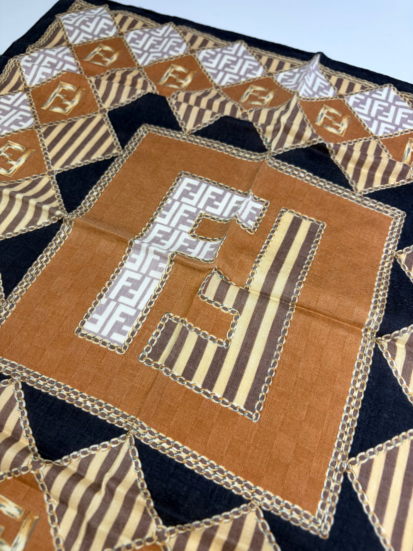 Vintage Fendi FF Monogram Silk Scarf Rust Cream Navy