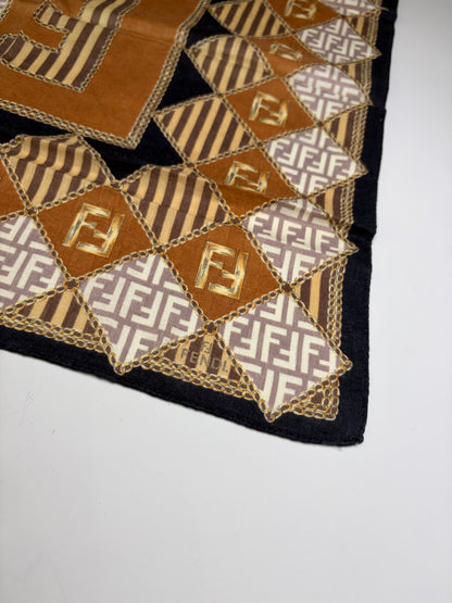Vintage Fendi FF Monogram Silk Scarf Rust Cream Navy
