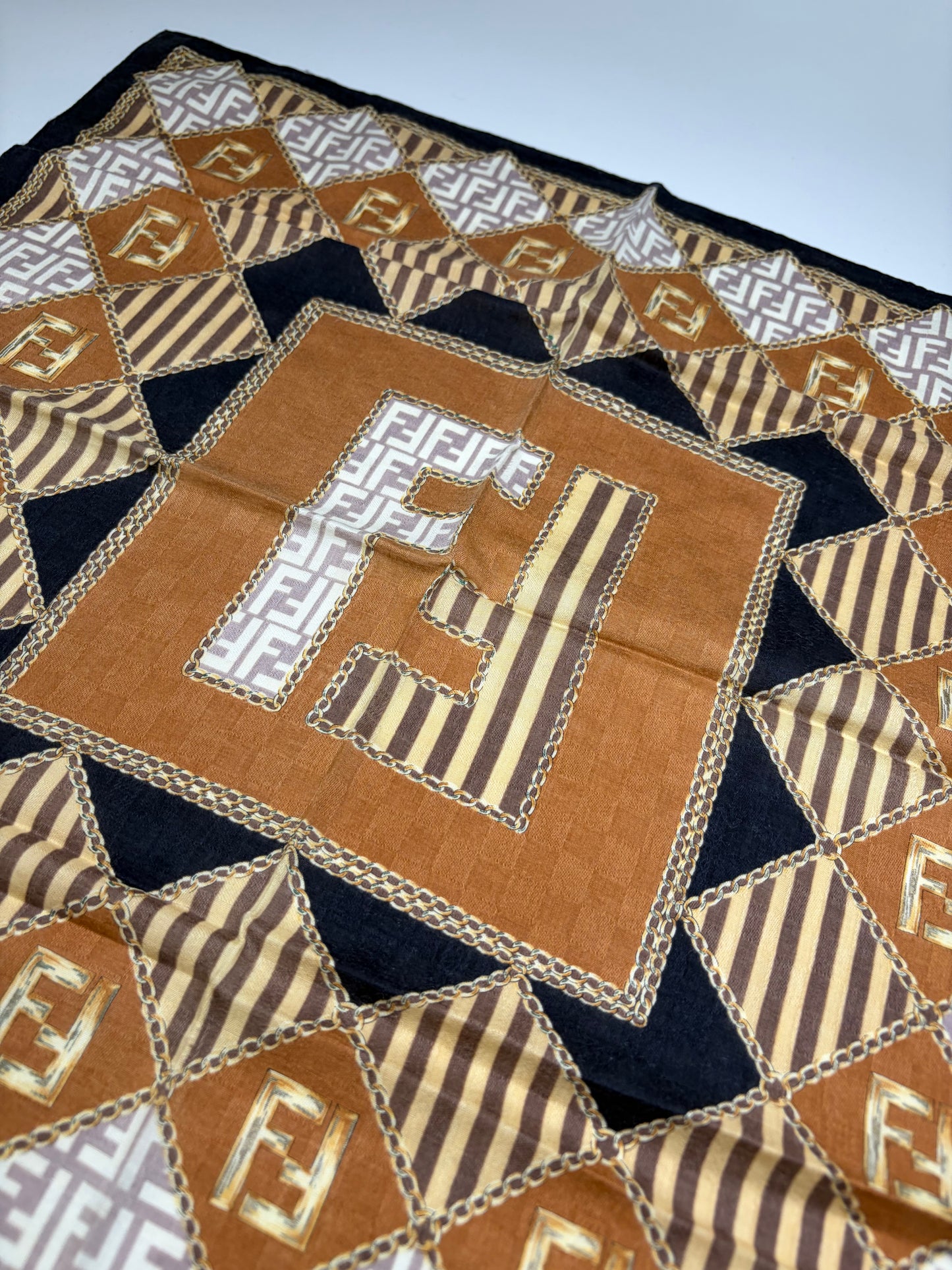 Vintage Fendi FF Monogram Silk Scarf Rust Cream Navy