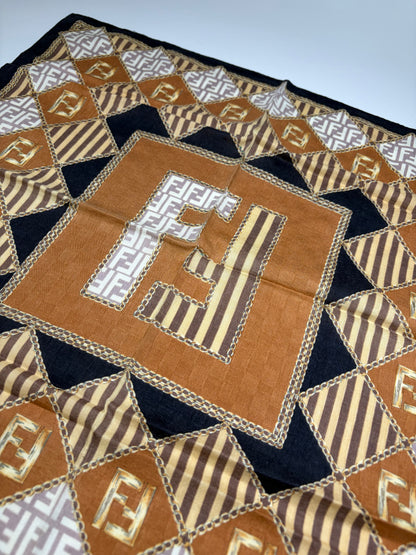 Vintage Fendi FF Monogram Silk Scarf Rust Cream Navy