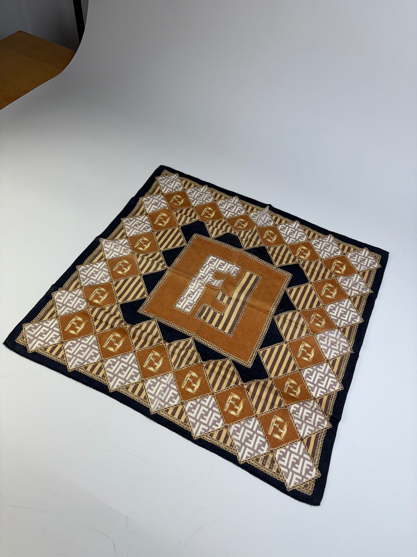 Vintage Fendi FF Monogram Silk Scarf Rust Cream Navy