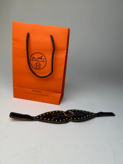 Vintage Hermès Paris Leather Studded Cuff Accessory Black Gold