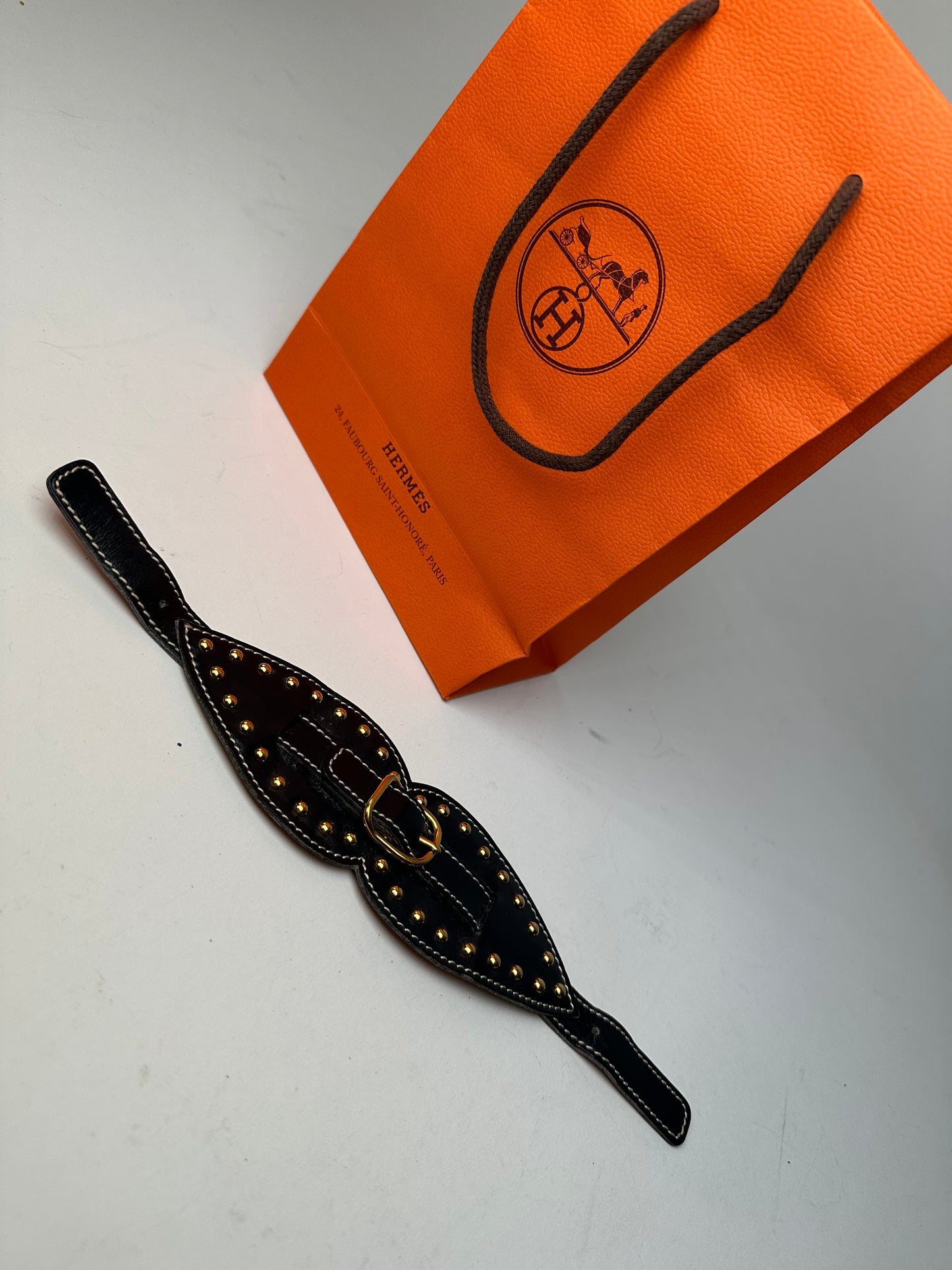 Vintage Hermès Paris Leather Studded Cuff Accessory Black Gold
