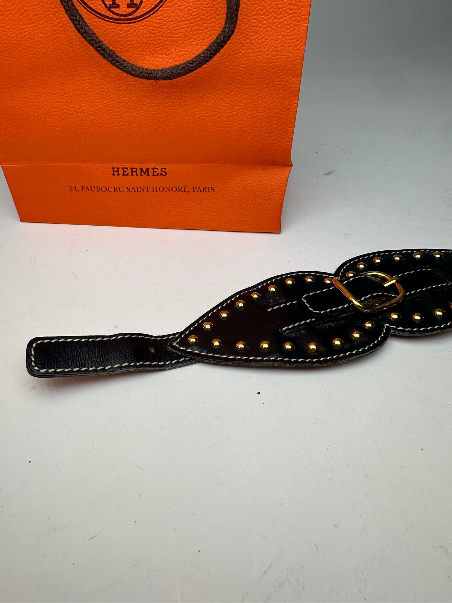 Vintage Hermès Paris Leather Studded Cuff Accessory Black Gold