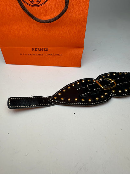 Vintage Hermès Paris Leather Studded Cuff Accessory Black Gold
