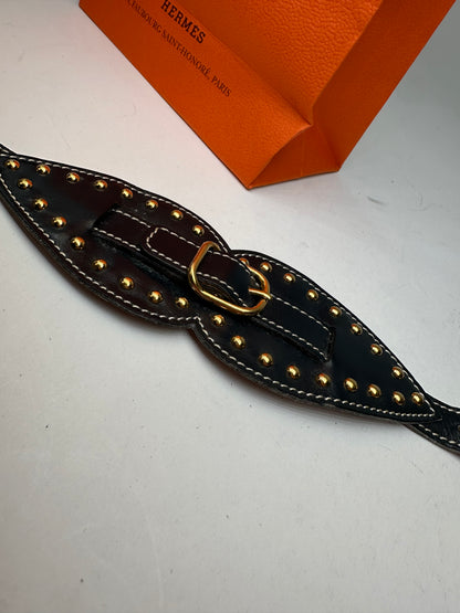 Vintage Hermès Paris Leather Studded Cuff Accessory Black Gold