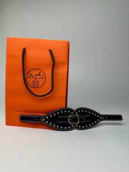 Vintage Hermès Paris Leather Studded Cuff Accessory Black Gold