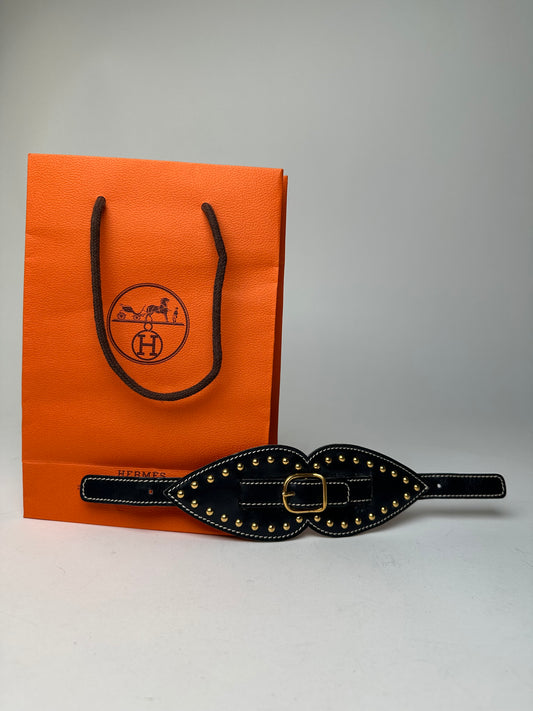 Vintage Hermès Paris Leather Studded Cuff Accessory Black Gold