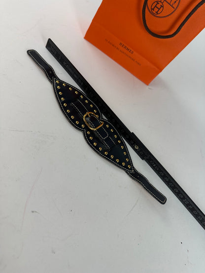Vintage Hermès Paris Leather Studded Cuff Accessory Black Gold
