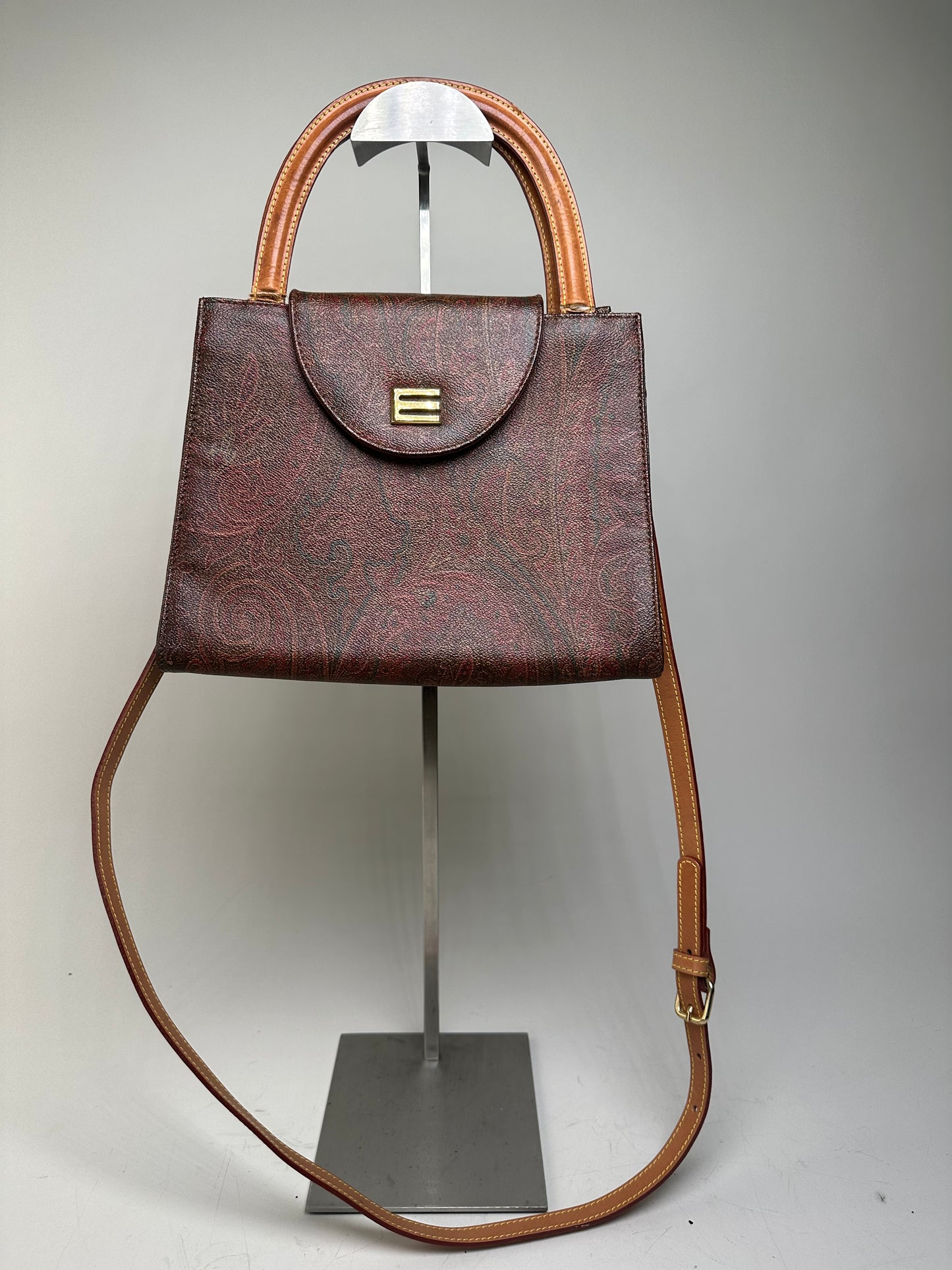 Vintage Etro Paisley Print Leather Handbag Burgundy Brown