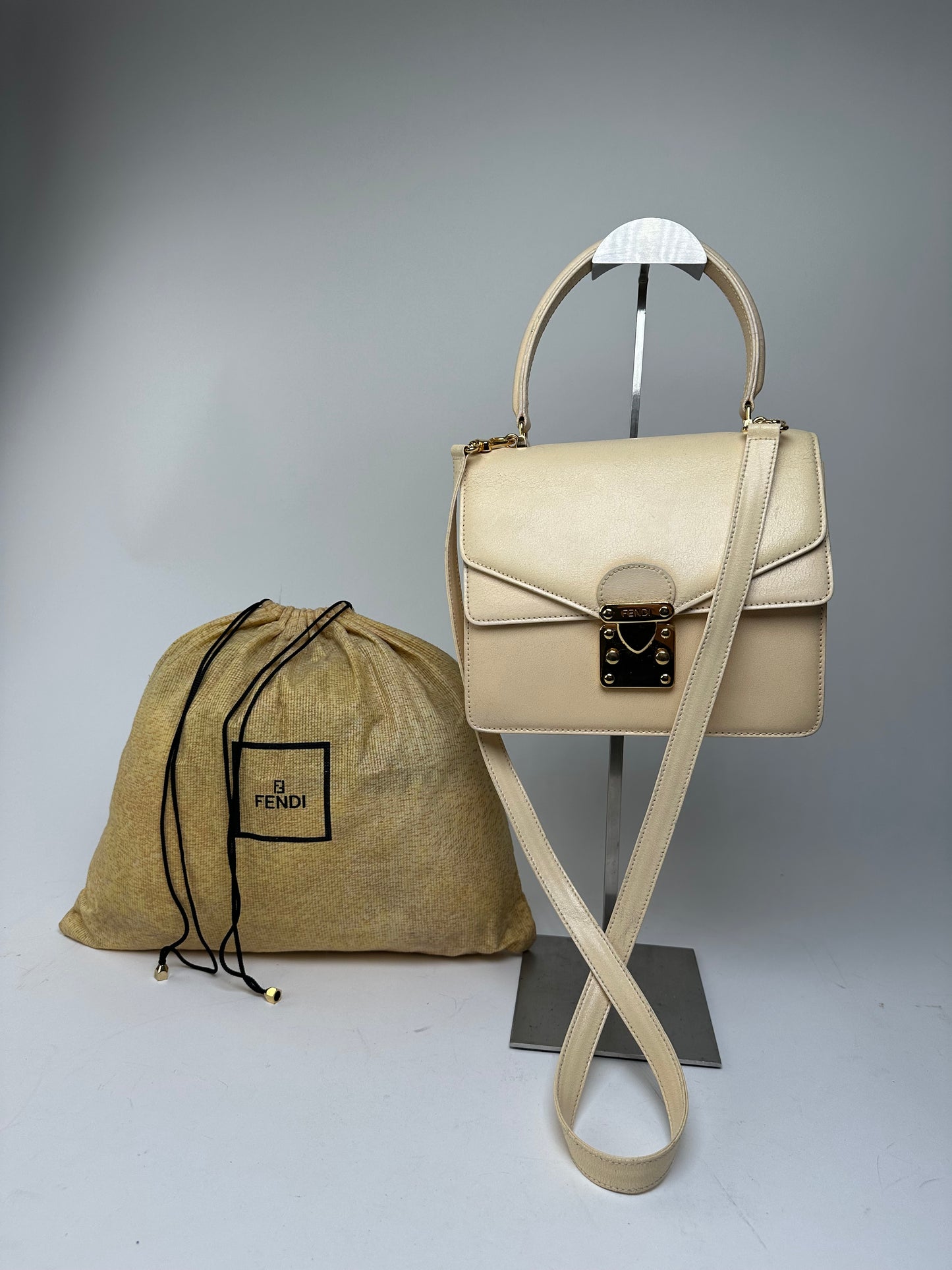 Vintage Fendi Top Handle Flap Bag Cream Ivory Calfskin Leather