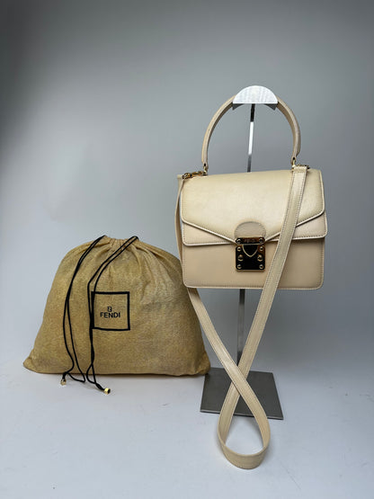 Vintage Fendi Top Handle Flap Bag Cream Ivory Calfskin Leather
