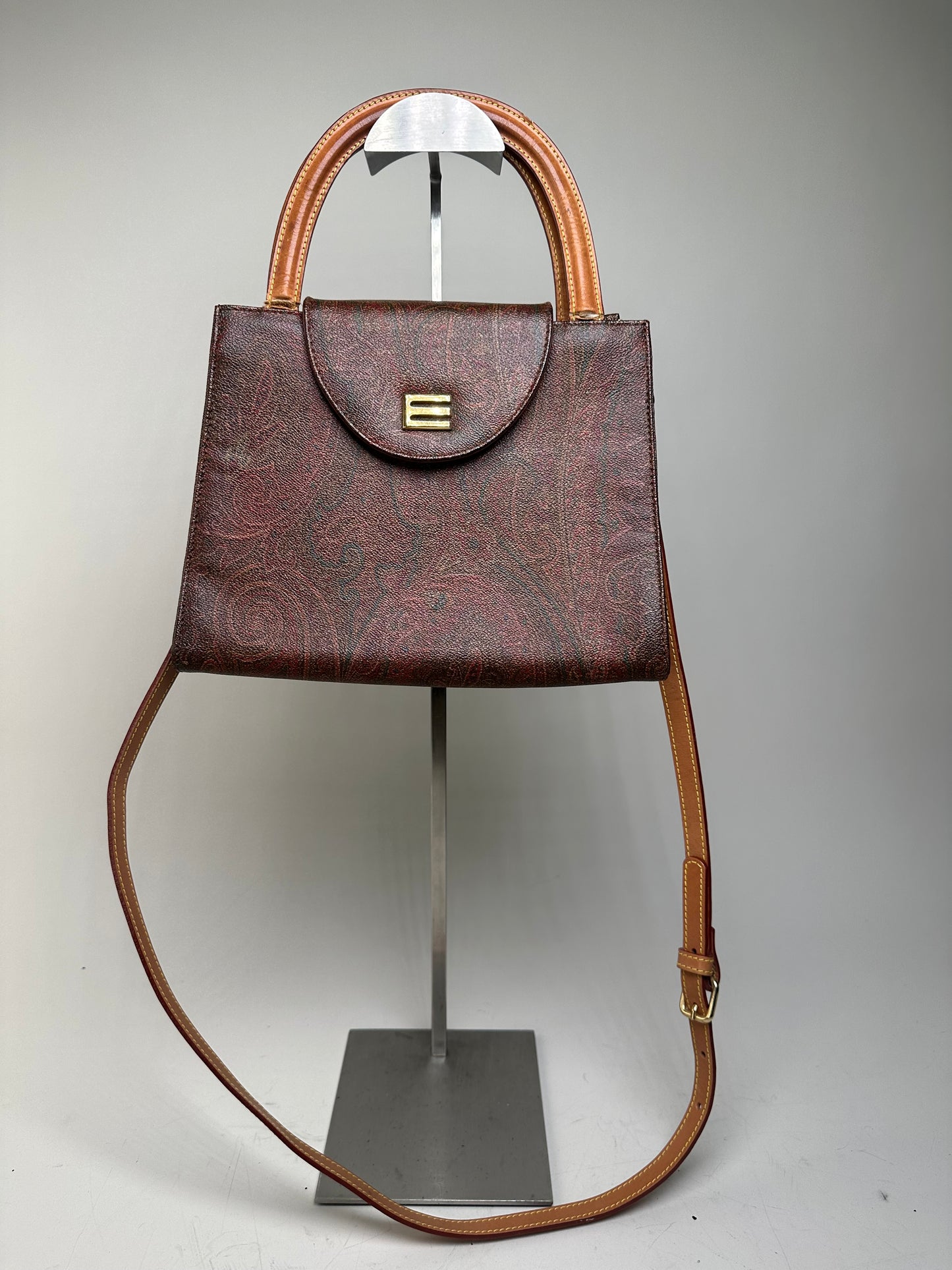 Vintage Etro Paisley Print Leather Handbag Burgundy Brown