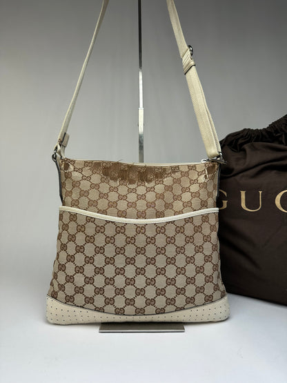 Vintage Gucci GG Monogram Canvas Crossbody Bag Early 2000s Beige Brown