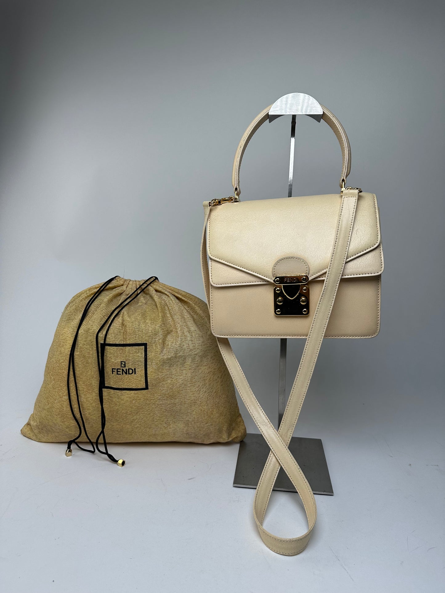 Vintage Fendi Top Handle Flap Bag Cream Ivory Calfskin Leather