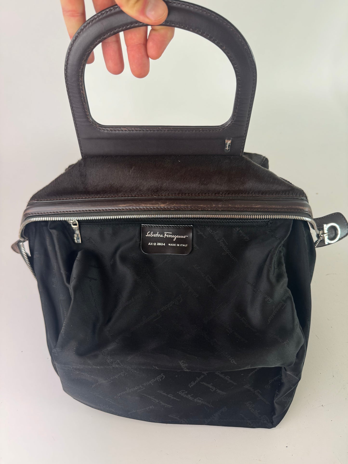 Sac vintage en cuir et fourrure marron Salvatore Ferragamo