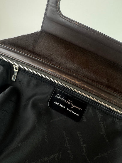 Sac vintage en cuir et fourrure marron Salvatore Ferragamo