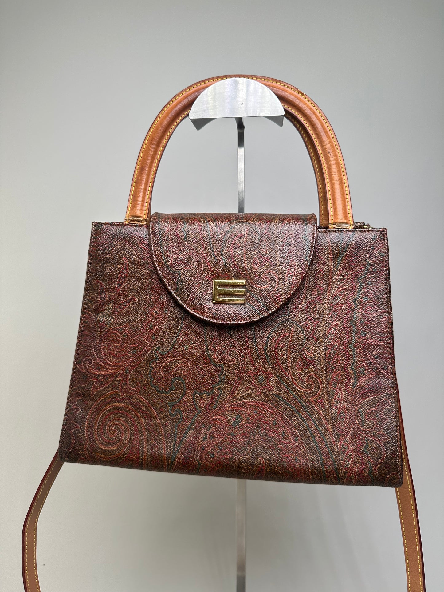 Vintage Etro Paisley Print Leather Handbag Burgundy Brown