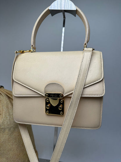 Vintage Fendi Top Handle Flap Bag Cream Ivory Calfskin Leather