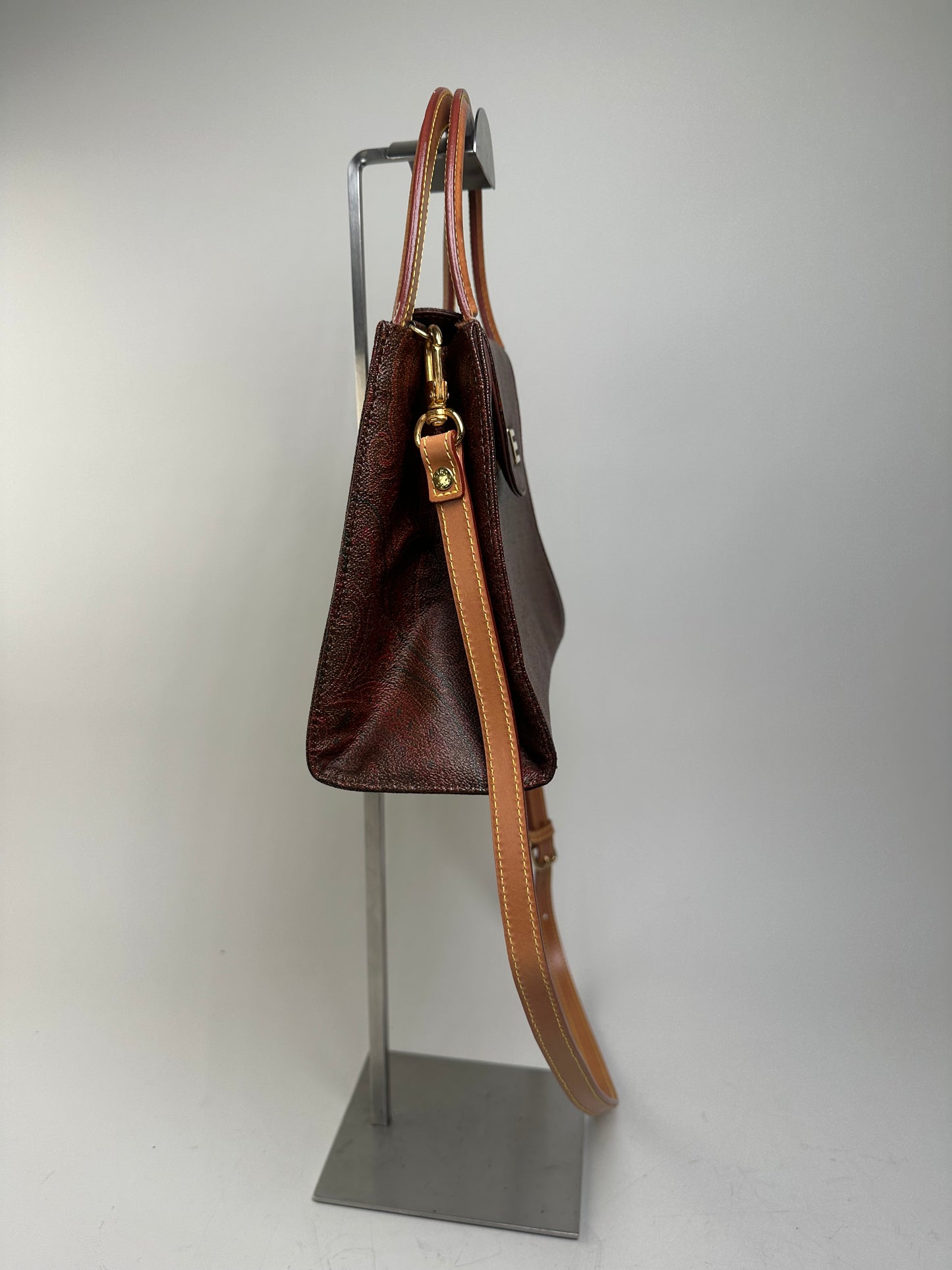 Vintage Etro Paisley Print Leather Handbag Burgundy Brown