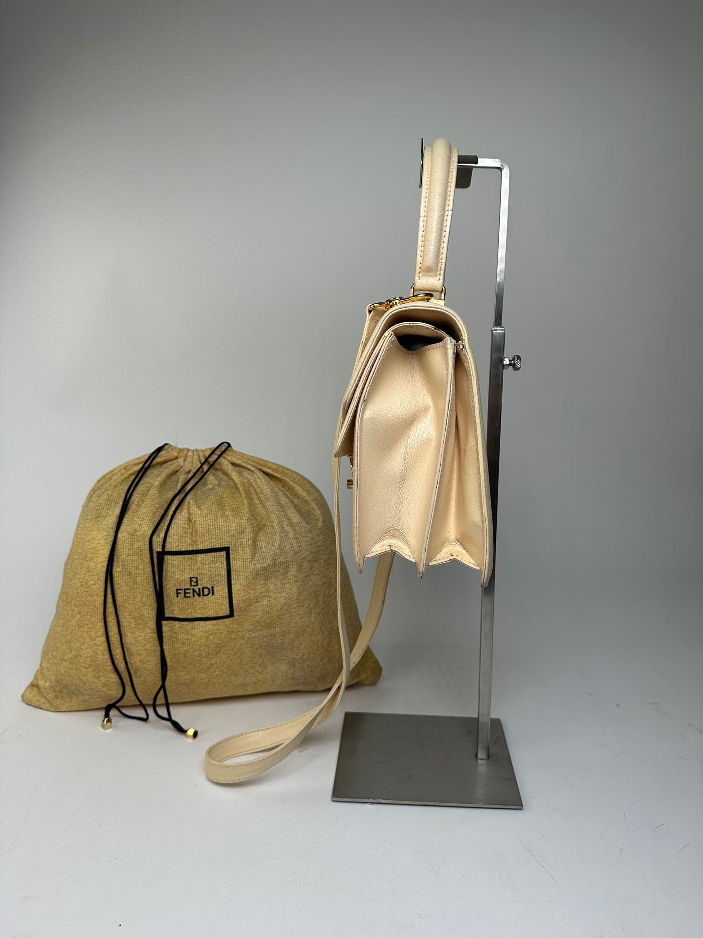 Vintage Fendi Top Handle Flap Bag Cream Ivory Calfskin Leather