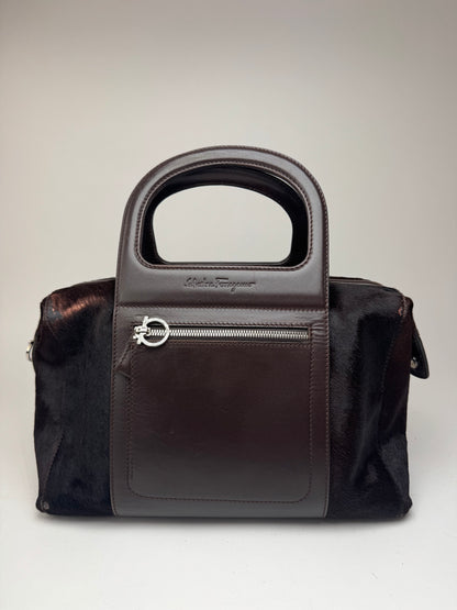 Sac vintage en cuir et fourrure marron Salvatore Ferragamo