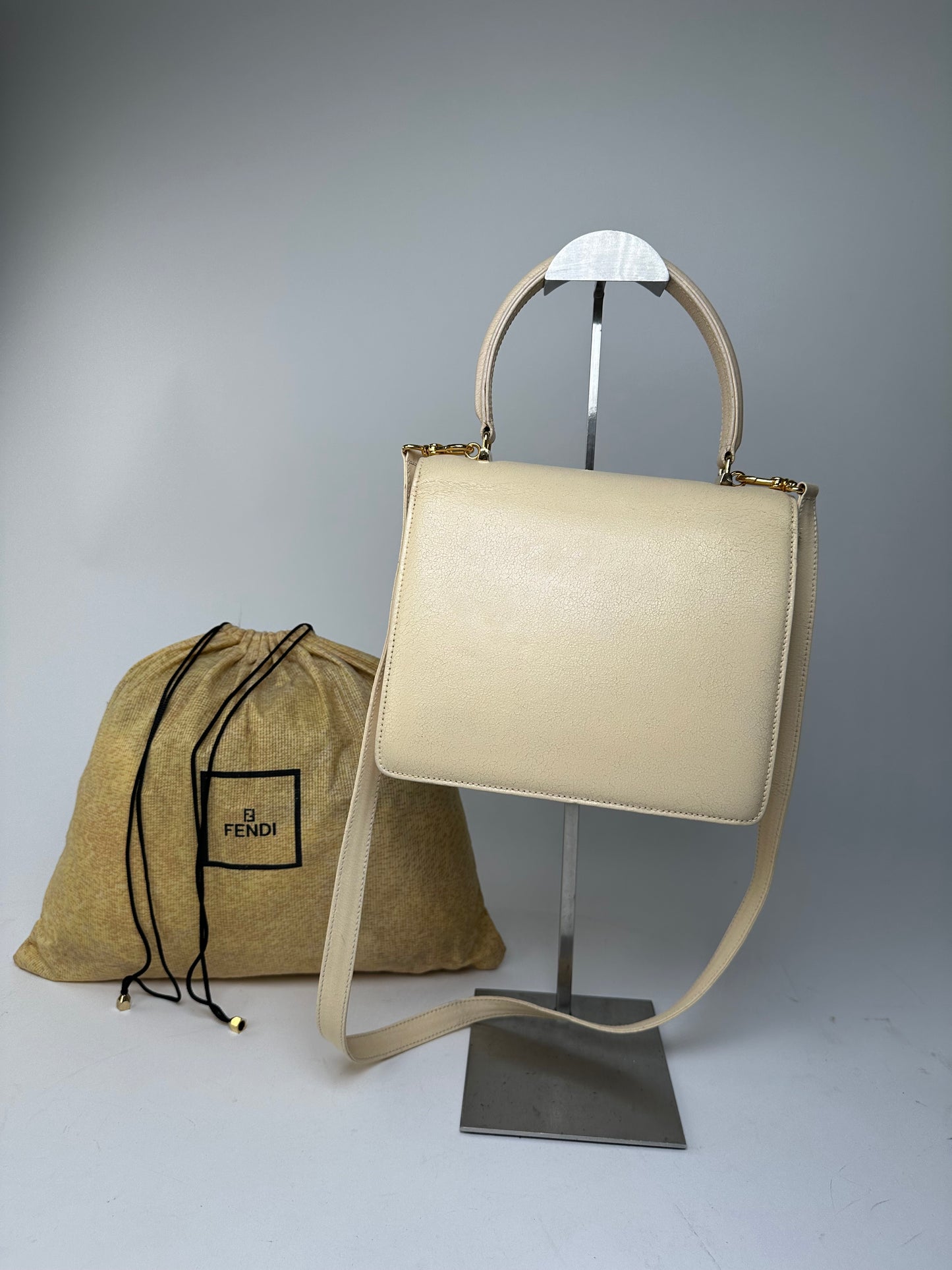 Vintage Fendi Top Handle Flap Bag Cream Ivory Calfskin Leather