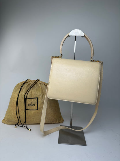 Vintage Fendi Top Handle Flap Bag Cream Ivory Calfskin Leather