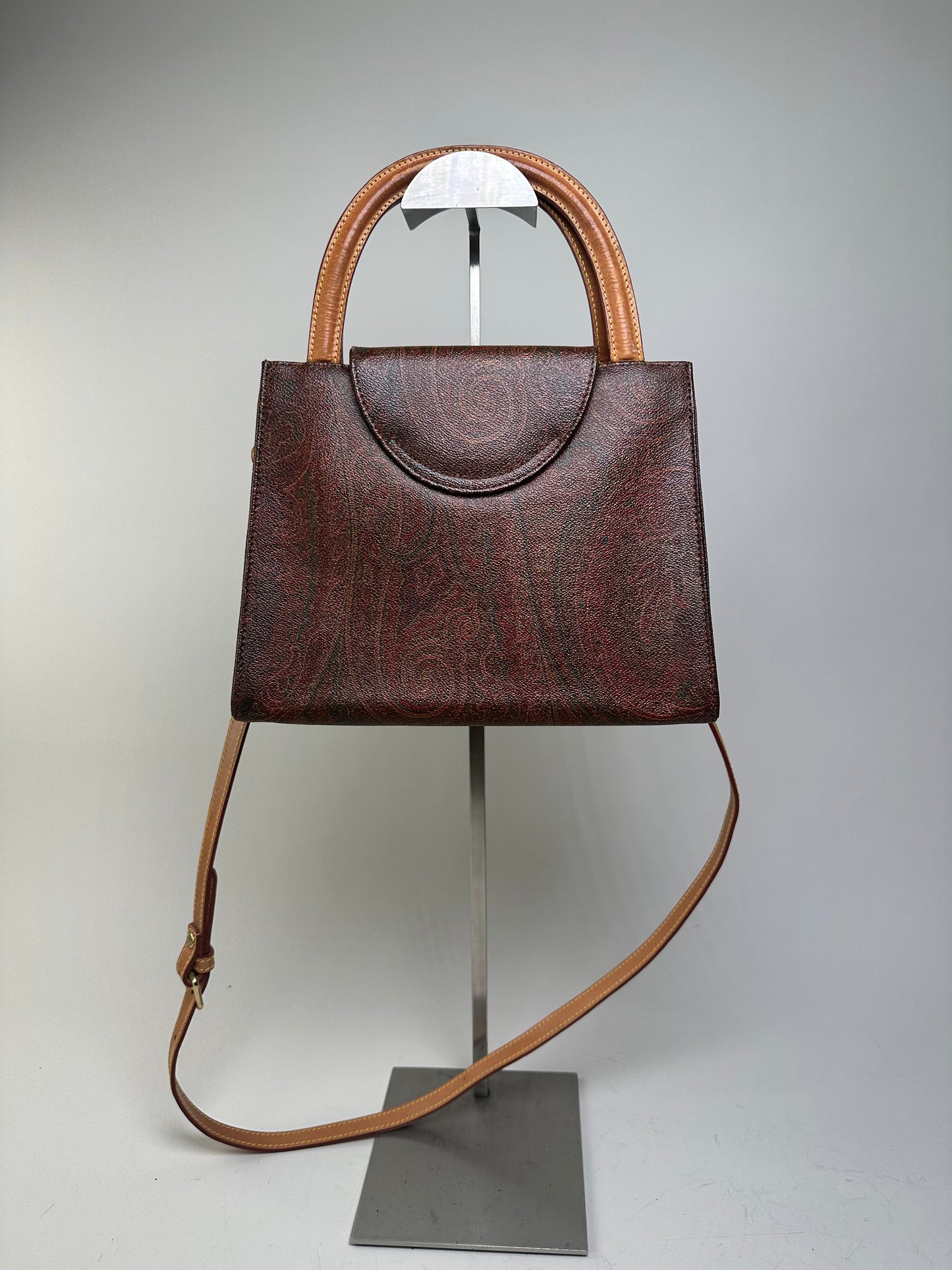 Vintage Etro Paisley Print Leather Handbag Burgundy Brown