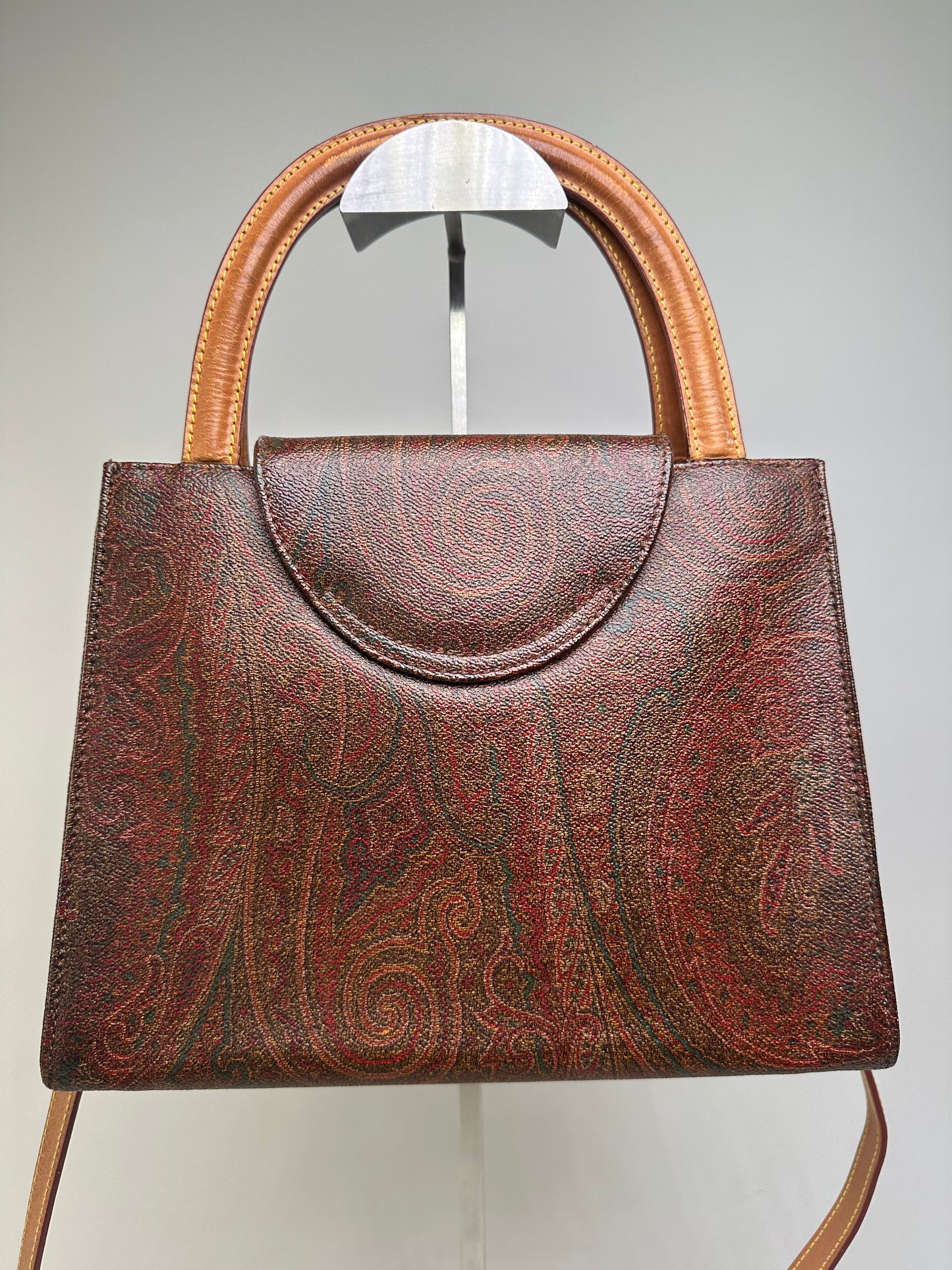 Vintage Etro Paisley Print Leather Handbag Burgundy Brown