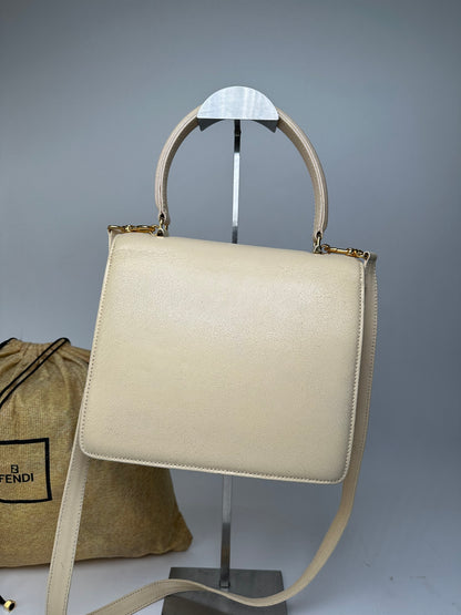 Vintage Fendi Top Handle Flap Bag Cream Ivory Calfskin Leather