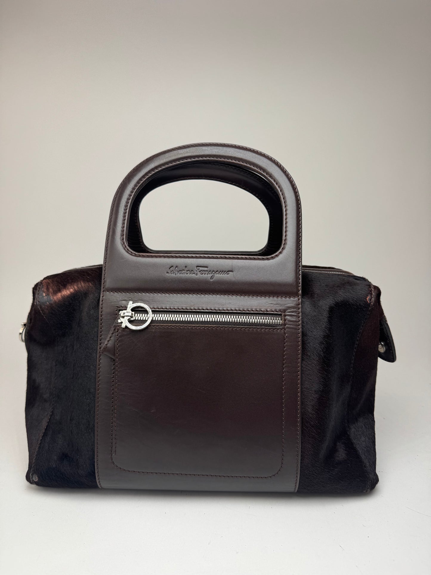 Sac vintage en cuir et fourrure marron Salvatore Ferragamo