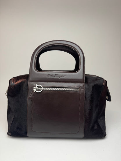 Sac vintage en cuir et fourrure marron Salvatore Ferragamo