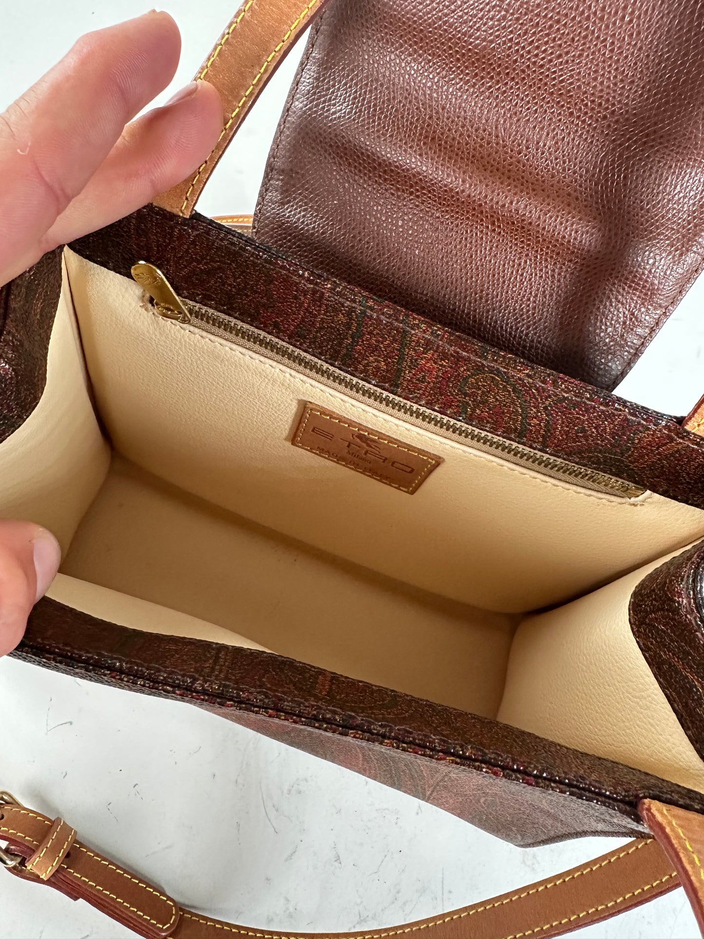 Vintage Etro Paisley Print Leather Handbag Burgundy Brown