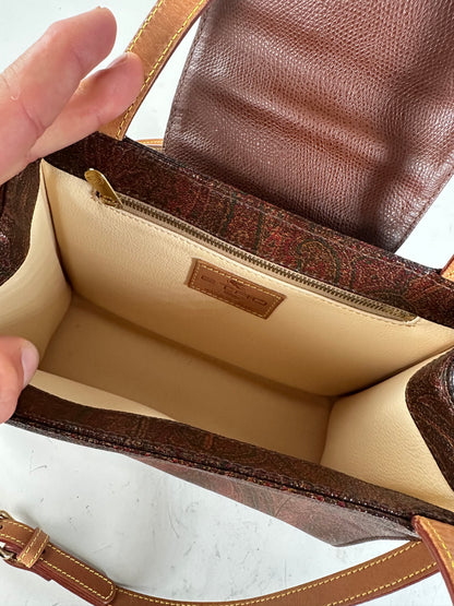 Vintage Etro Paisley Print Leather Handbag Burgundy Brown