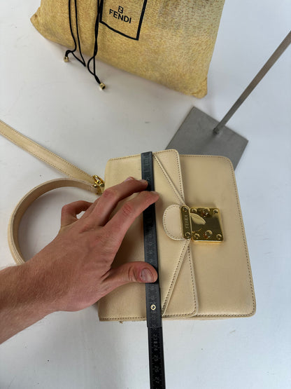 Vintage Fendi Top Handle Flap Bag Cream Ivory Calfskin Leather