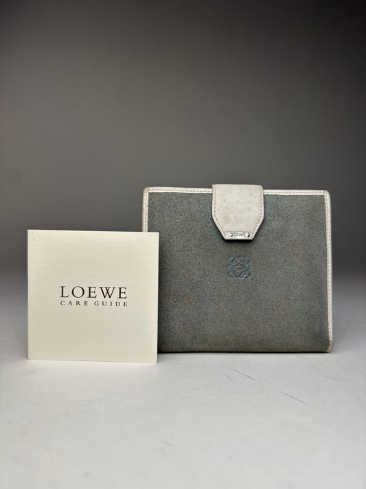 Vintage Loewe Anagram Logo Suede Leather Wallet Grey-Blue / White