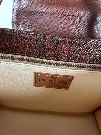 Vintage Etro Paisley Print Leather Handbag Burgundy Brown
