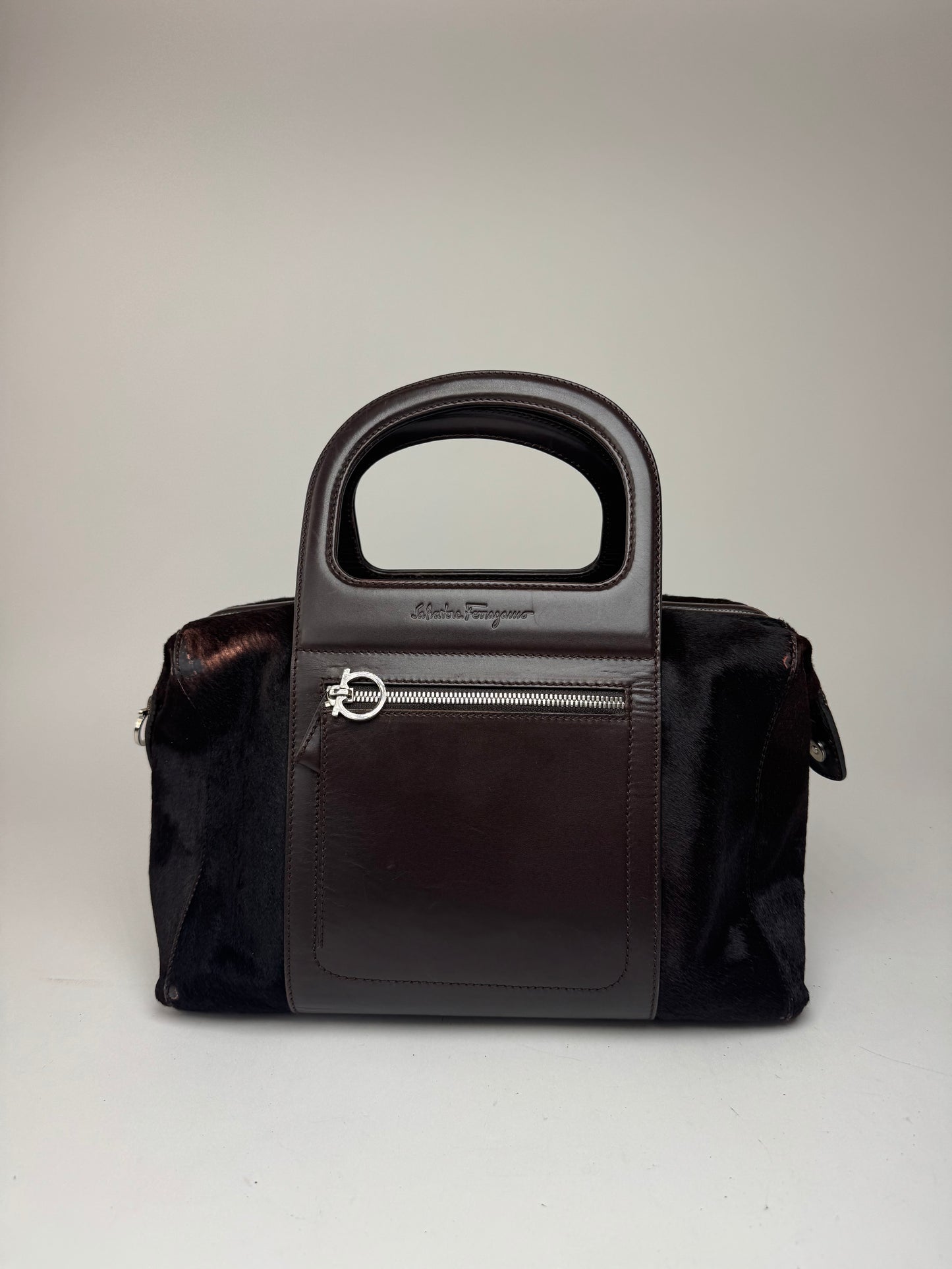 Sac vintage en cuir et fourrure marron Salvatore Ferragamo