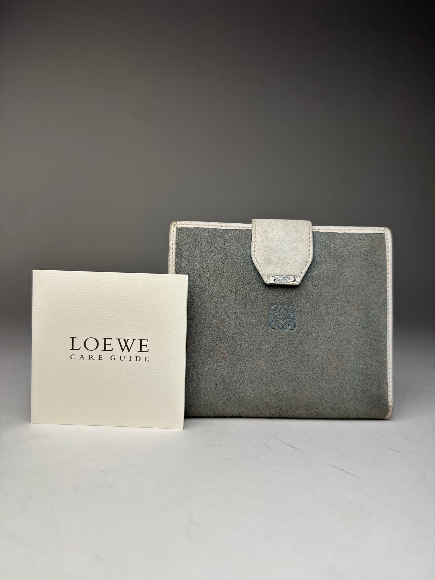 Vintage Loewe Anagram Logo Suede Leather Wallet Grey-Blue / White