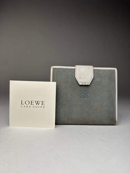 Vintage Loewe Anagram Logo Suede Leather Wallet Grey-Blue / White