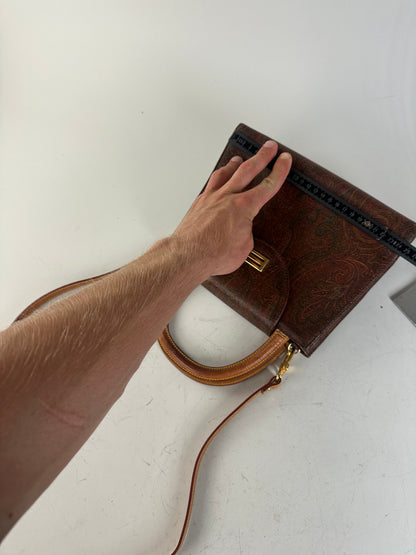 Vintage Etro Paisley Print Leather Handbag Burgundy Brown