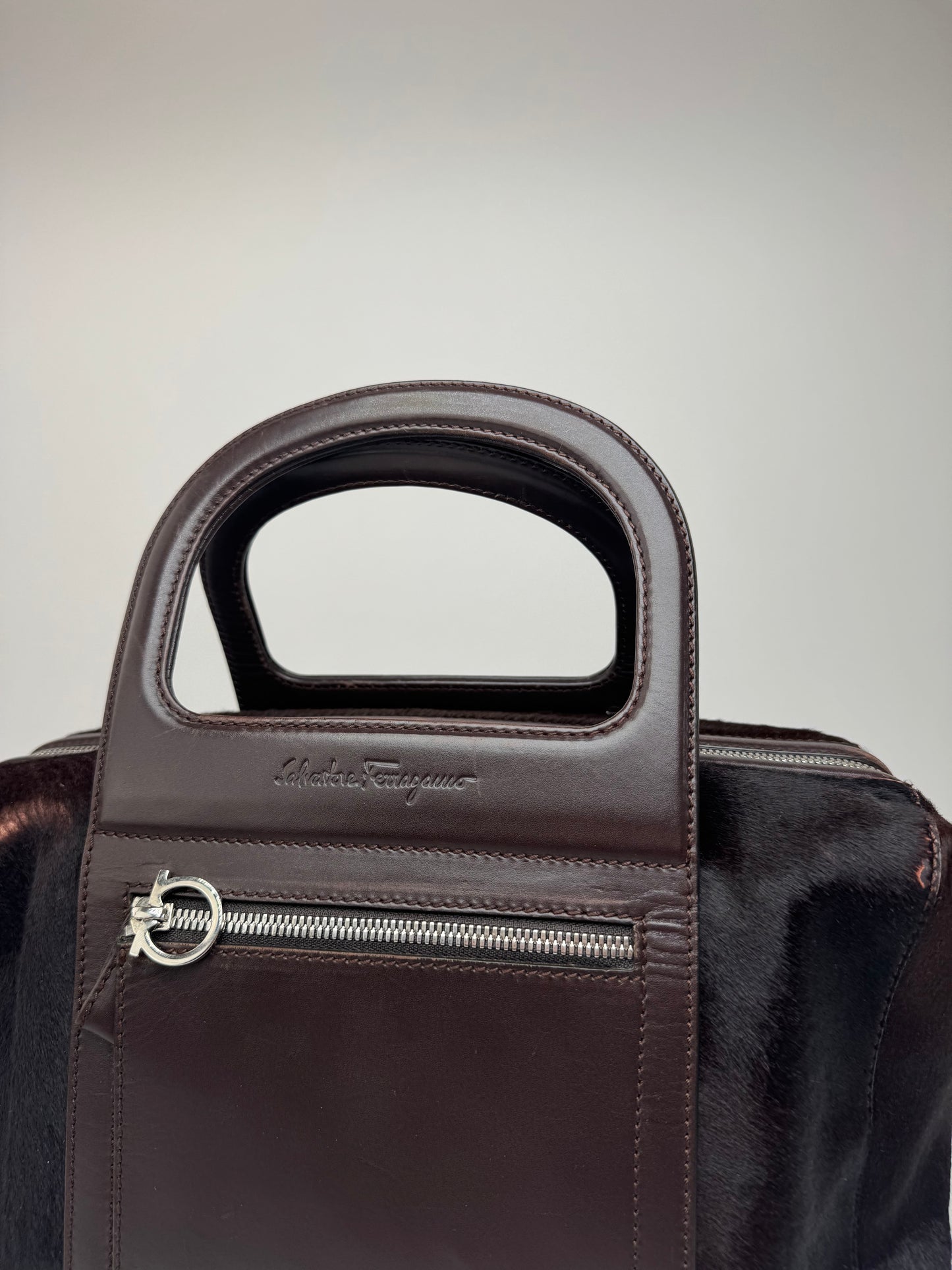 Sac vintage en cuir et fourrure marron Salvatore Ferragamo