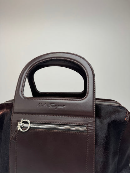 Sac vintage en cuir et fourrure marron Salvatore Ferragamo